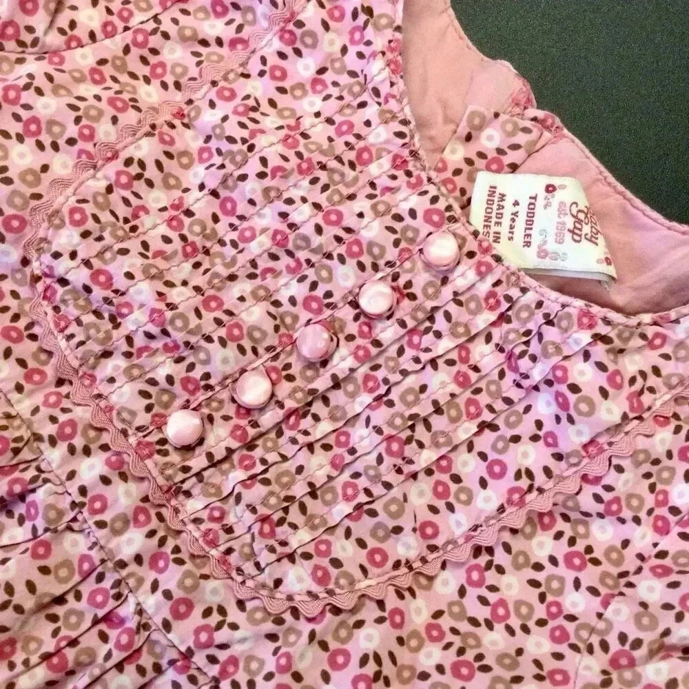 Vintage Baby Gap Toddler Pink Floral‎ Pleated Cap Sleeve Babydoll Dress Size 4Y